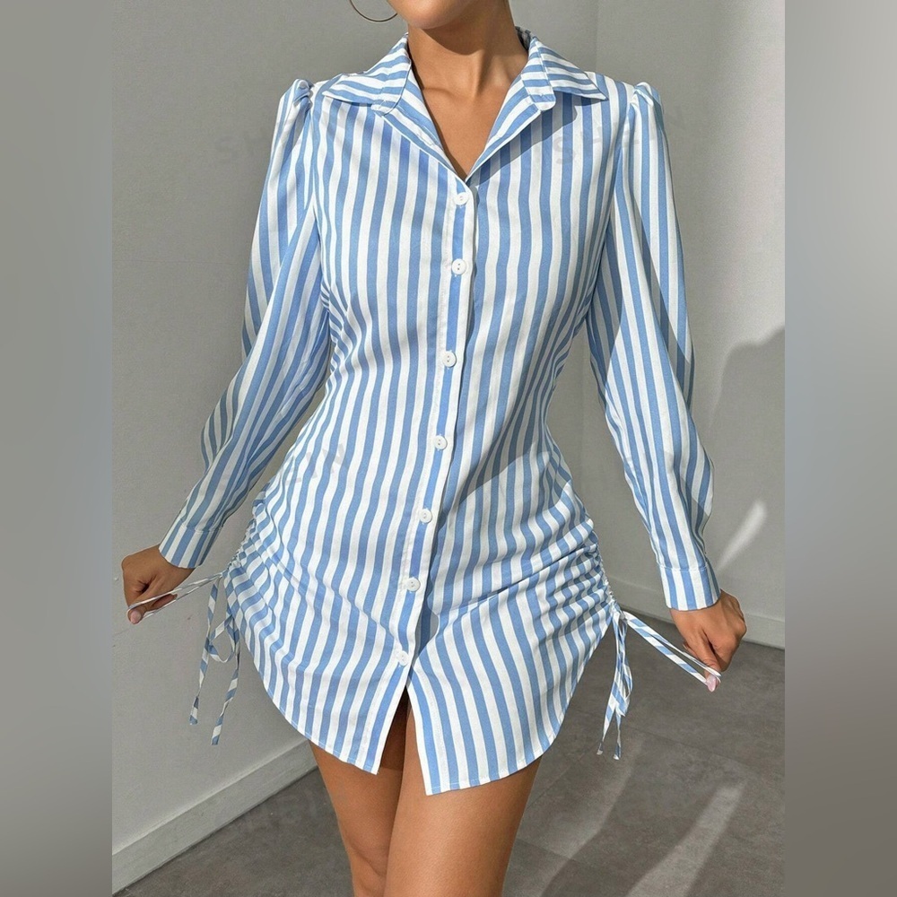 Drawstring Striped Long Sleeve Shirt Dress